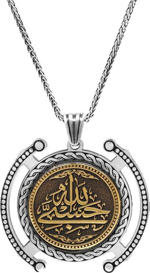 Hüsn-i Hat "Hasbünallah" Yazılı Kalın Zincirli 925 Ayar Gümüş Madalyon - Image 1