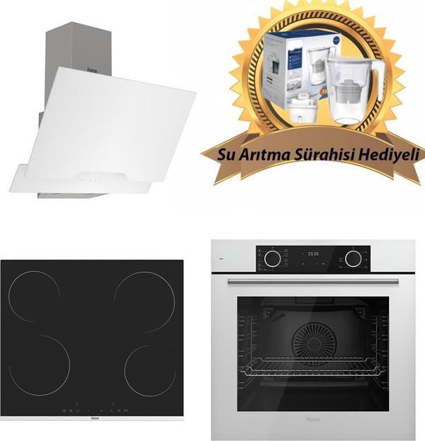 Ferre Fryart Elektrikli Beyaz Cam Ankastre Set D064 - MS261 Vitroseramik - XE63CB (Su Arıtma Sürahisi Hediyeli) - Image 1