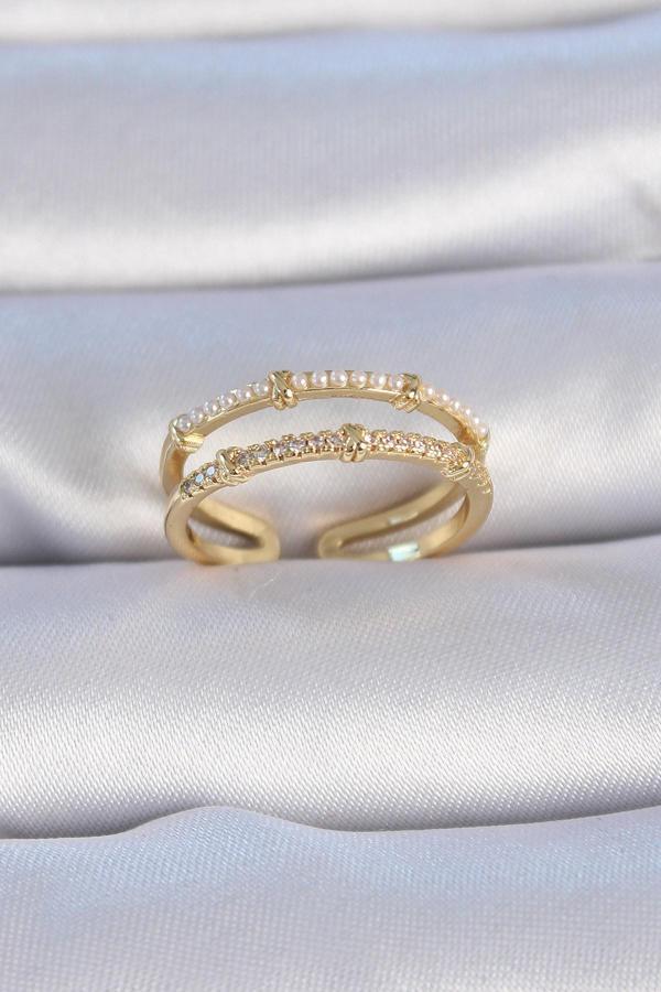 Pirinç Gold Renk Zirkon Taşlı İnci Detay Kadın Yüzük - EBJ241012W28577 - Image 1