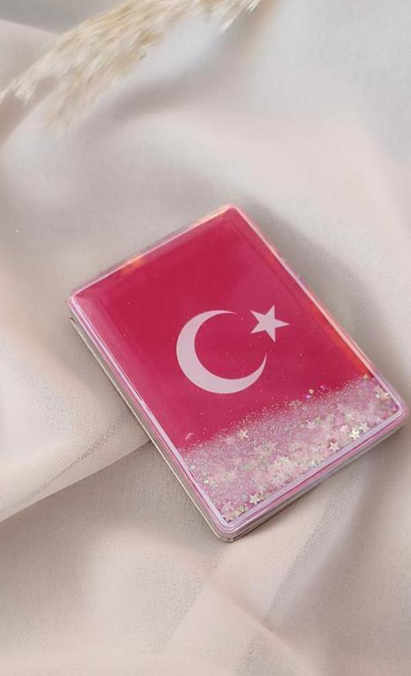 Ayna Makyaj Aynası Çanta Türk Bayrağı Sulu Model Cep El Seyehat Taşınabilir Ayna Pullu Kozmetik   - Image 1