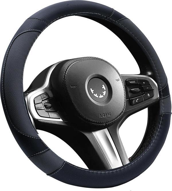 Oto Geçme Direksiyon Kılıfı Desenli Gri Detaylı Suni Deri Siyah Renk TEQ-013BK/GY - Image 1