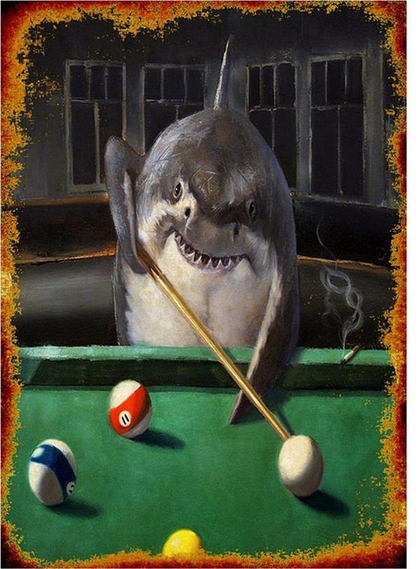 Bedeko Bilardo Oynayan Köpekbalığı Tasarım Ahşap Tablo - Image 1