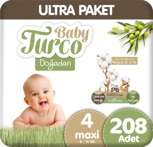 Baby Turco Doğadan Ultra Paket 4 Beden Bebek Bezi 104x2 208 Adet - Image 1