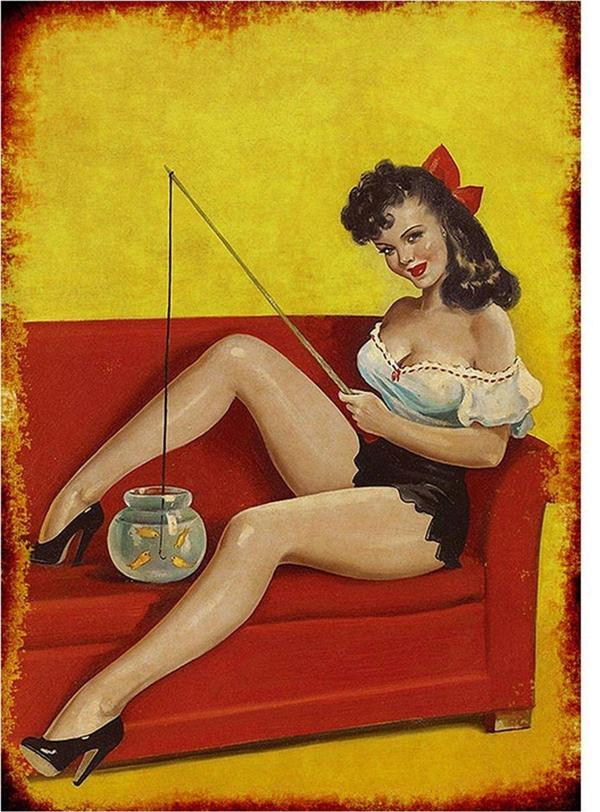 Bedeko Fanusta Balık Tutan Pin Up Kızı Dekoratif Ahşap Tablo - Image 1