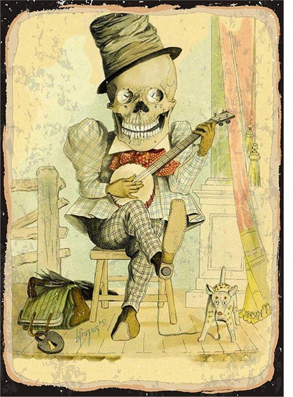 Bedeko Mandolin Çalan İskelet Hediyelik Ahşap Tablo - Image 1