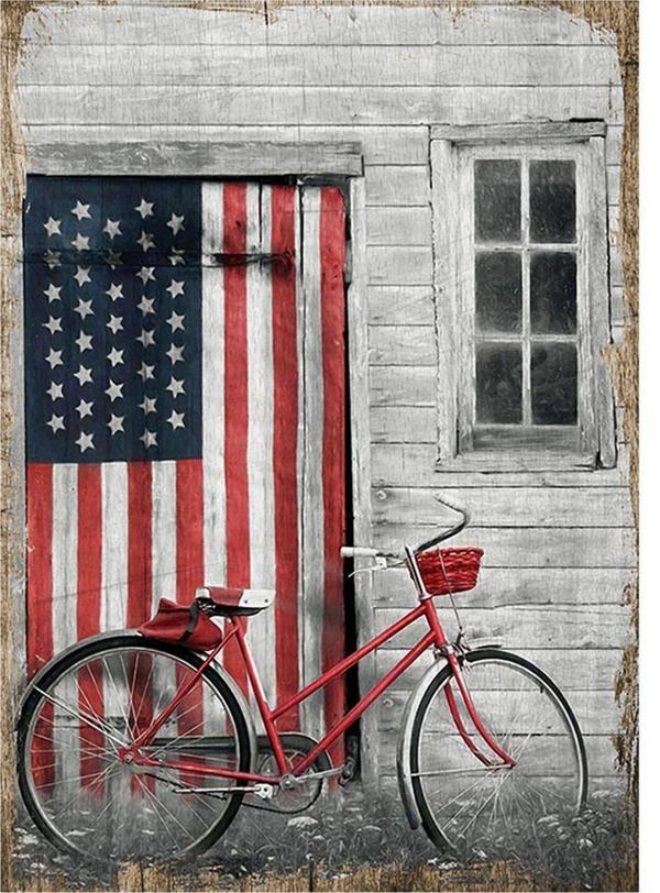 Bedeko Kırmızı Bisiklet Ve Amerikan Bayrağı Mdf Poster - Image 1