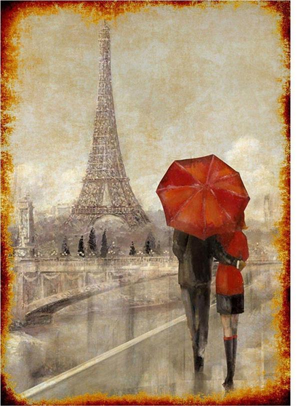 Bedeko Paris Ve Kırmızı Şemsiyeli Çift Mdf Poster - Image 1