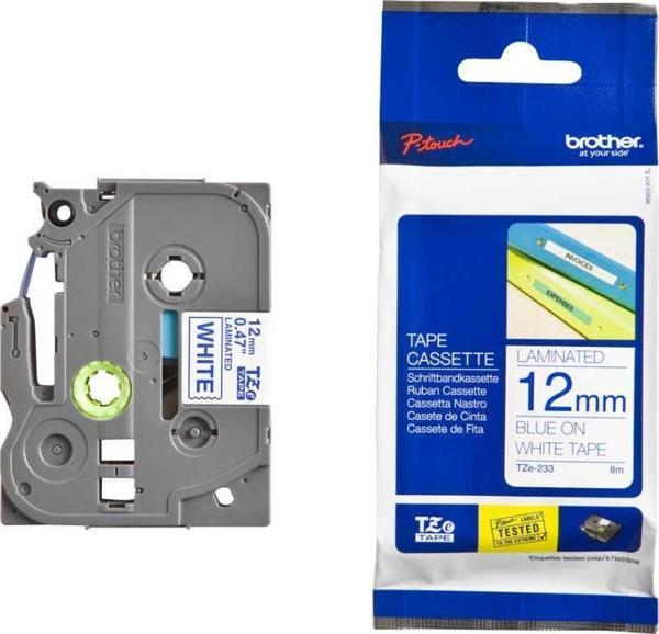 Brother TZE-233 12 mm Beyaz Üzeri Mavi Laminasyonlu Etiket - Image 1