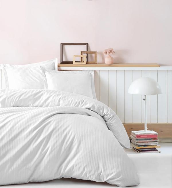 Cotton Box Elegant Stripe Saten Çift Kişilik Nevresim Takımı Beyaz - Image 1