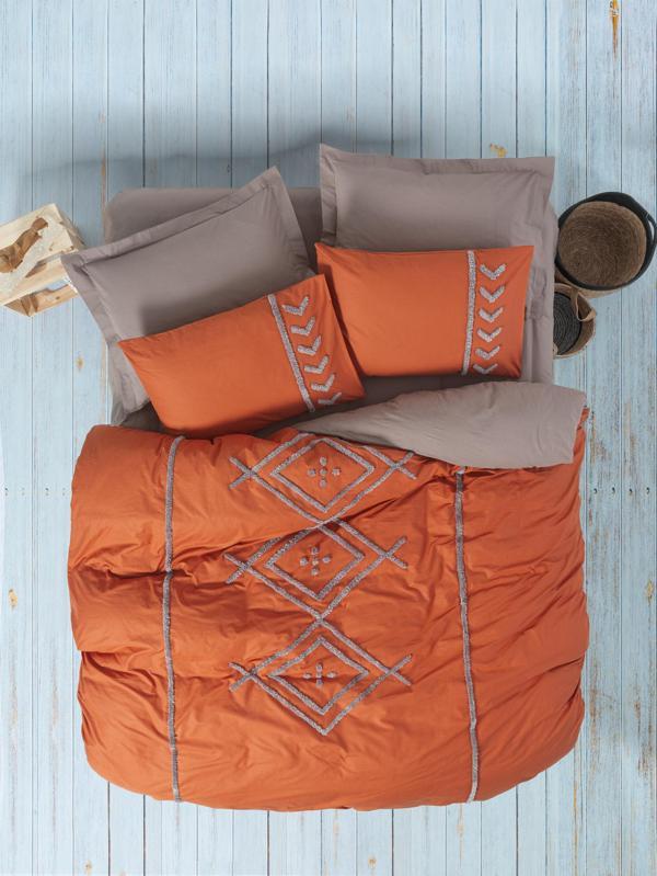 Cotton Box Puff Nakışlı Çift Kişilik Nevresim Takımı Liya Kiremit-Bej - Image 1