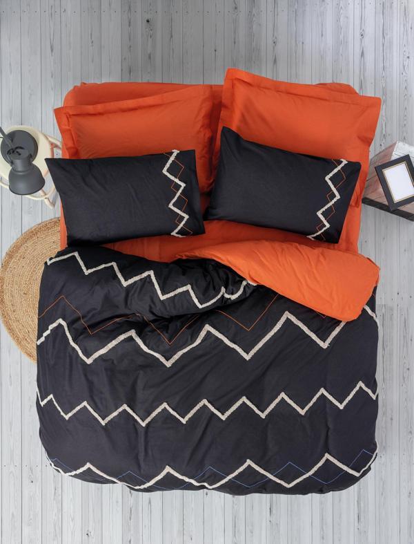 Cotton Box Puff Nakışlı Çift Kişilik Nevresim Takımı Mirely Siyah-Kiremit - Image 1
