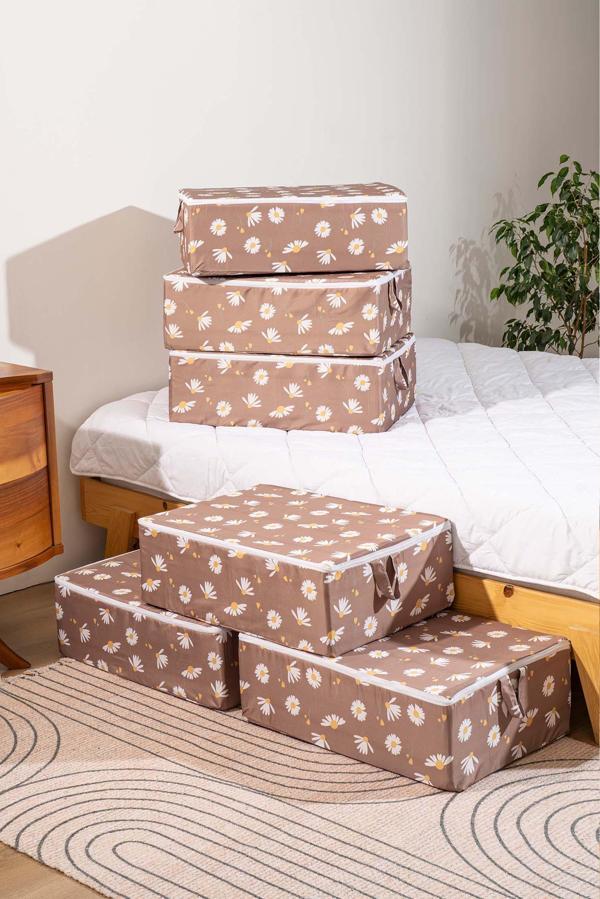 Rivaİstanbul Kahve Papatya Desenli Fermuarlı 6'lı Hurç Seti Bazaaltı Ve Çekyat Hurç - Image 1