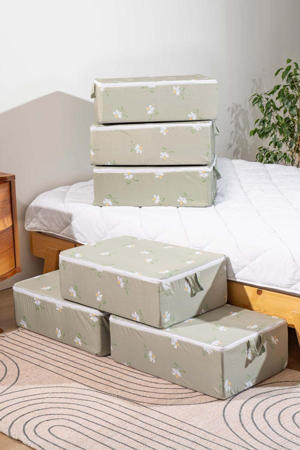 Rivaİstanbul Yeşil Papatya Desenli Fermuarlı 6'lı Hurç Seti Bazaaltı Ve Çekyat Hurç - Image 1