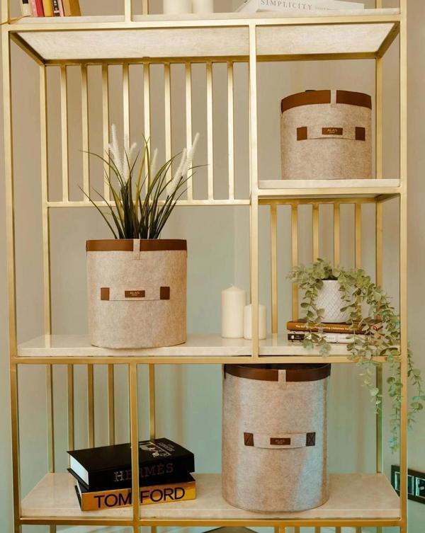 Deri Şeritli Yuvarlak Çok Amaçlı Düzenleyici Organizer Kutu Keçe Sepet (3'lü Set) - Image 1