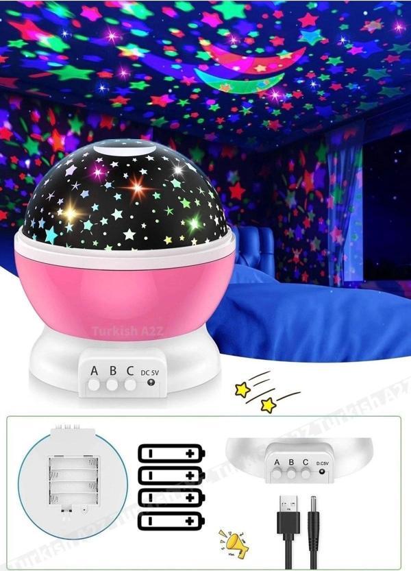 Pembe Dönen Renkli Ay Yıldızlı Gökyüzü Yansıtmalı Projeksiyon Gece Lambası Çocuk Bebek Parti Odası - Image 1