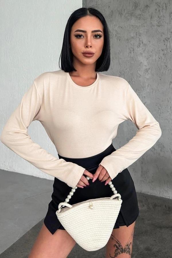 Rahat Ve Şık Uzun Kollu Bisiklet Yaka Likralı Viskon Penye Body Bej - Image 1