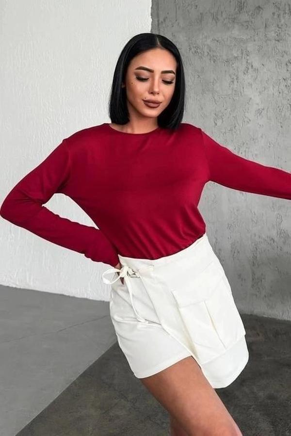 Rahat Ve Şık Uzun Kollu Bisiklet Yaka Likralı Viskon Penye Body Bordo - Image 1