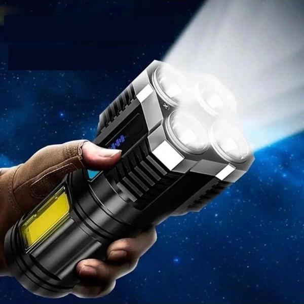 Ultra Parlak El Feneri Usb Şarj 4 Led+yan Cob Led Taktik Günlük Hayat Kamp Avcılık El Feneri - Image 1