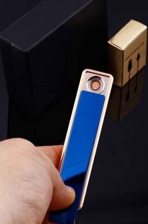 Şık Görünümlü Usb Şarjlı Rezistanslı İnce Slim Metal Çakmak (mavi) - Image 1