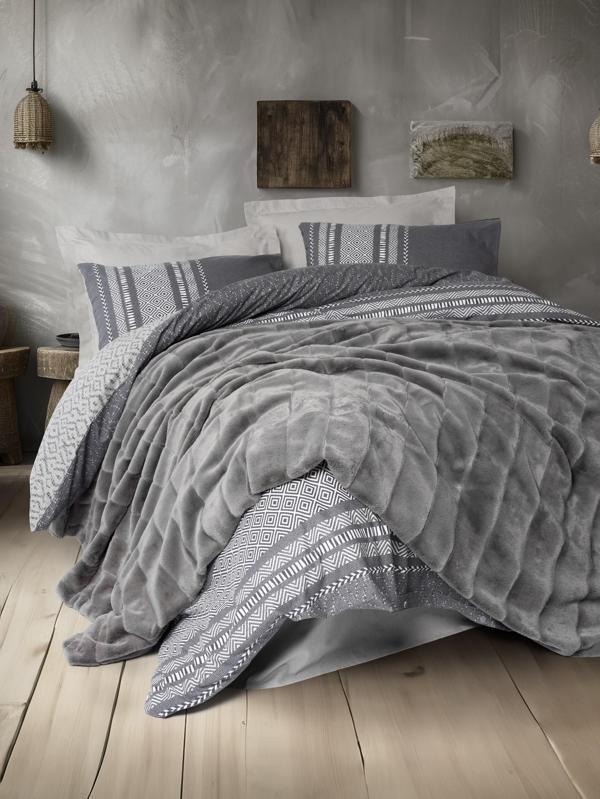 Cotton Box Trim Çift Kişilik Kürk Battaniyeli Nevresim Takımı Suave Antrasit - Image 1