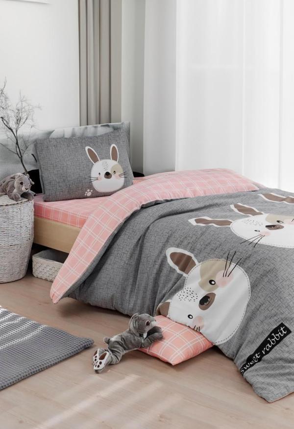 Kolay Ütülenir Nevresim Takımı Tek Kişilik Tavşancık A.Kahve-Gri-Pembe - Image 1