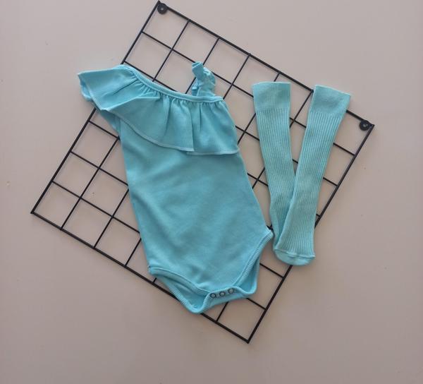 MARS BABY Kız Bebek Mint Ribana Fırfırlı Tek Kol Askılı Badi Çorap Set - Image 1