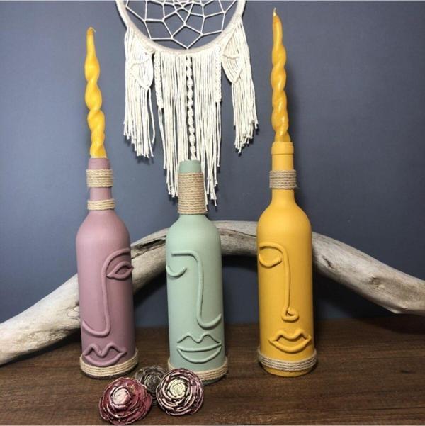 Mes Reves Design El Yapımı Dekoratif Şarap Şişeleri 3 'Lü Set (Çiçek İçin Vazo, Mum İçin Şamdan Veya Yalnızca Dekor) - Image 1