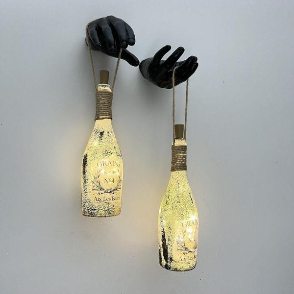 Mes Reves Design El Yapımı Siyah Erkek Eli Heykeli Dekorlu Peri Led Işıklı Buzlu Cam Şampanya Şişesi Aplik 2'Li Set - Image 1