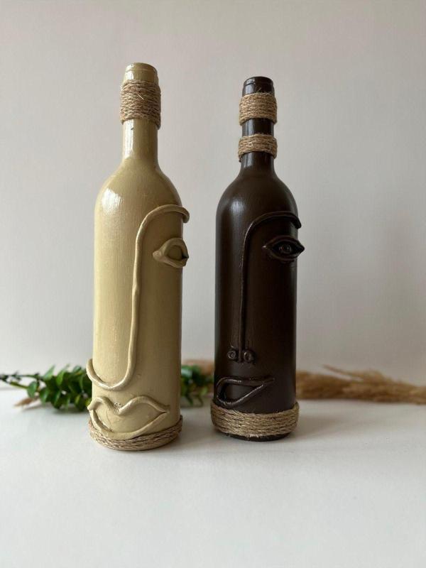 Mes Reves Design El Yapımı Soyut Yüz Tasarımı Dekoru, Dekoratif Şarap Şişeleri 2'Li Set - Image 1