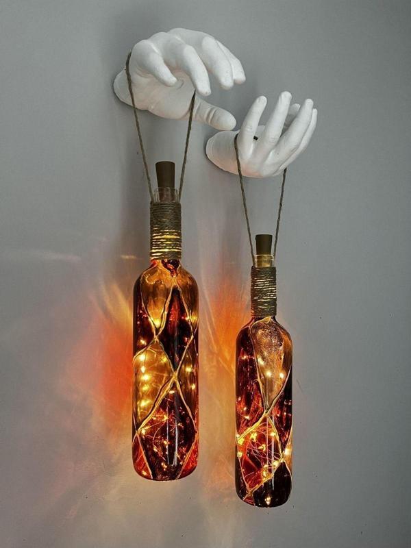 Mes Reves Design Heykel El Dekorlu Led Işıklı Kahverengi Vitray Cam Şarap Şişesi Aplik 2'Li Set Cafe Bahçe Ev Dekoru - Image 1