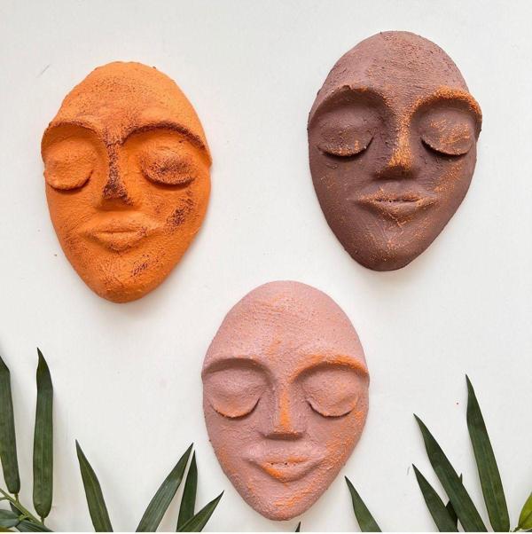 Mes Reves Design El Yapımı Yüz Heykeli Taş Duvar Dekoru 3'Li Set, Modern Tasarım, Eskitme Taş Görünümlü Duvar Mask - Image 1