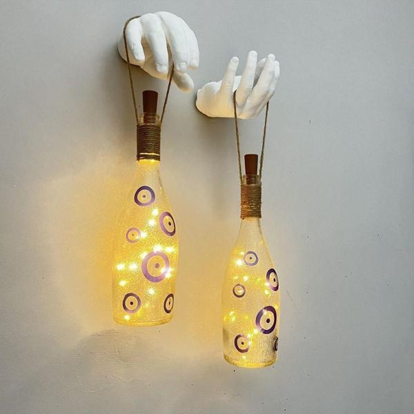 Mes Reves Design Erkek Eli Heykel Dekorlu Nazar Boncuklu Şişe Duvar Dekor Apliği 2 Li Set, Kafe Ev Dekor - Image 1