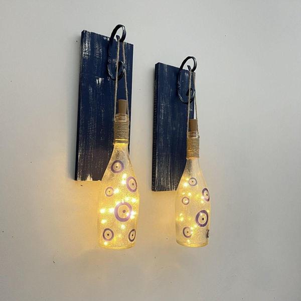 Mes Reves Design Peri Led Işıklı Mavi Ahşap Dekorlu Ferforje Bağlantılı Nazar Boncuklu Duvar Dekoru Set - Image 1