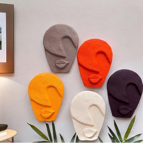 Mes Reves Design Soyut Tasarım El Yapımı Duvar Dekoru Renkli Taş Maske Büyük 5'Li Set, Dekor Mask, 3D Duvar Heykeli - Image 1