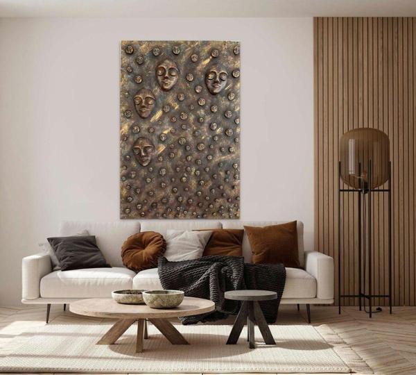 Mes Reves Design Tuval Üzerine El Yapımı Akrilik Boyama: Eskitme/Pas Efekli 3D Soyut Yüz Heykel Dekorlu Modern Tablo - Image 1