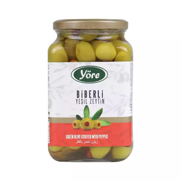 Yöre Domat Biberli Jumbo Yeşil Zeytin Cam Kavanoz 2 X 550 Gr (181-200 Kalibre) - Image 1