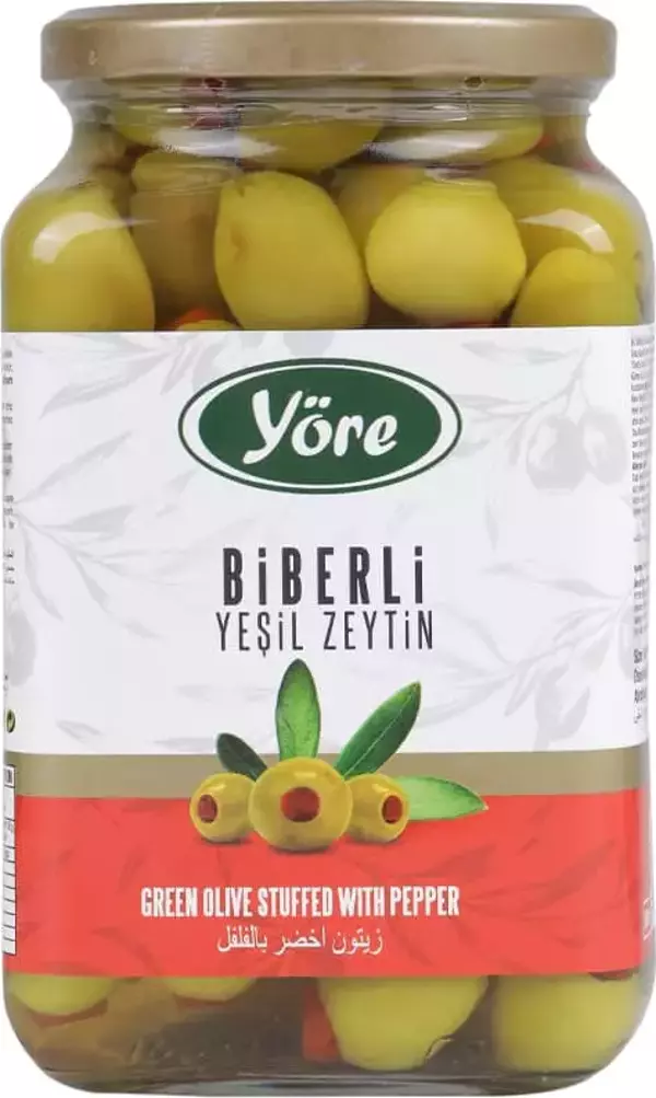Yöre Domat Biberli Jumbo Yeşil Zeytin Cam Kavanoz 2 X 550 Gr (181-200 Kalibre) - Image 1