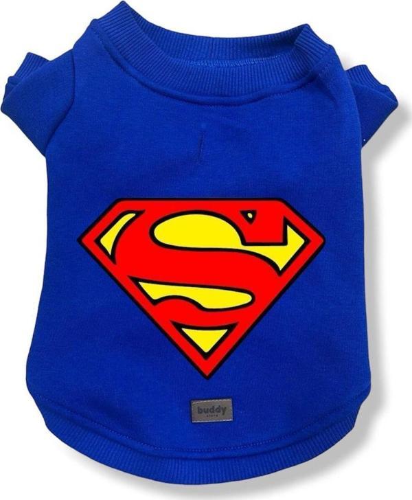 Kedi Ve Köpek Kıyafeti - Süperman Baskılı Saks Mavisi Tasma Delikli Kapüşonsuz Sweatshirt - Image 1