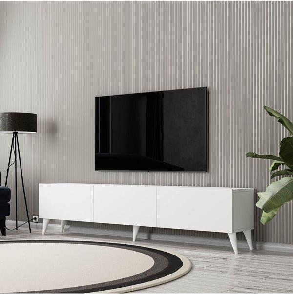 Mezza 1250 ELİSA 3 KAPAKLI KULPSUZ 180 CM AYAKLI TV ÜNİTESİ BEYAZ - Image 1