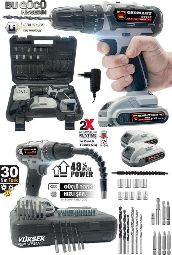 Germany Style Alman Ms-92VFX  Çelik Şanzıman Darbeli 15000 mAh  2 Akülü Vidalama Matkap Şarjlı Matka - Image 1