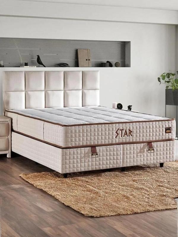 Star Yatak Seti 90x190 cm Tek Kişilik Yaylı Sert Ortopedik Yatak Krem Keten Lüks Baza Başlık Takımı - Image 1