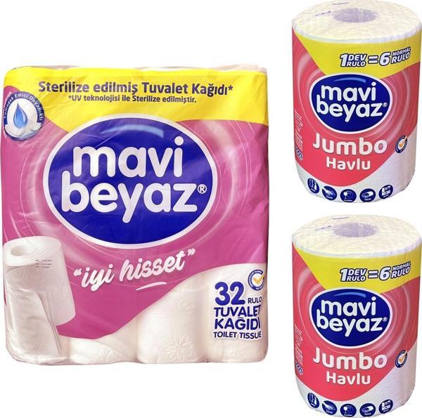 Mavi Beyaz 32 li Tuvalet Kağıdı 2 Katlı + 2 Dev Rulo Jumbo Havlu - Image 1