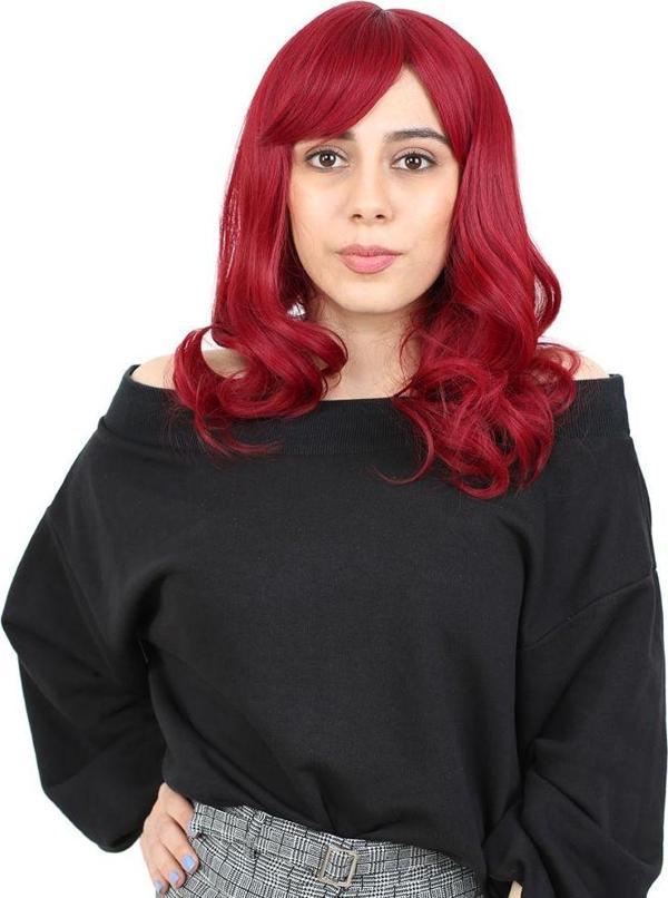  Dalgalı Perçemli Orta Boy Fiber Sentetik Peruk - Kızıl - Image 1