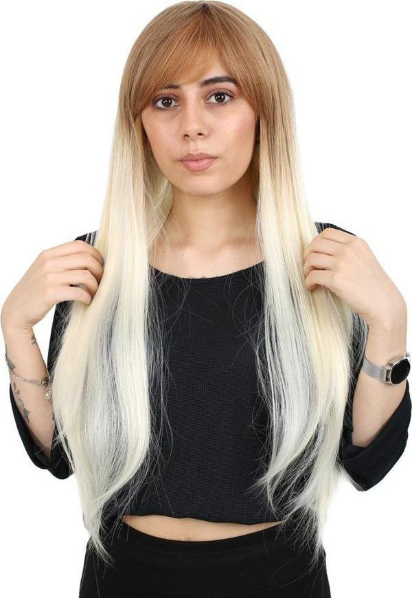  Fiber Sentetik Uzun Düz Kahküllü Peruk - Balköpüğü / Platin Ombreli - Image 1