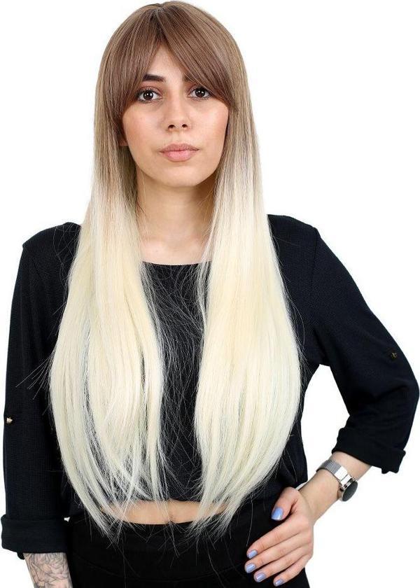  Fiber Sentetik Uzun Düz Kahküllü Peruk - Kumral / Platin Ombreli - Image 1