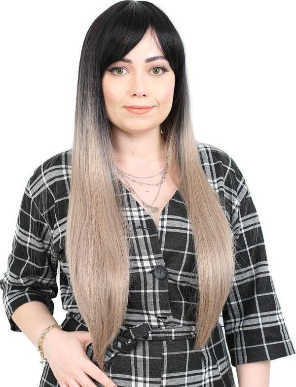  Fiber Sentetik Uzun Düz Kahküllü Peruk - Siyah / Küllü Bebek Sarı Ombreli - Image 1