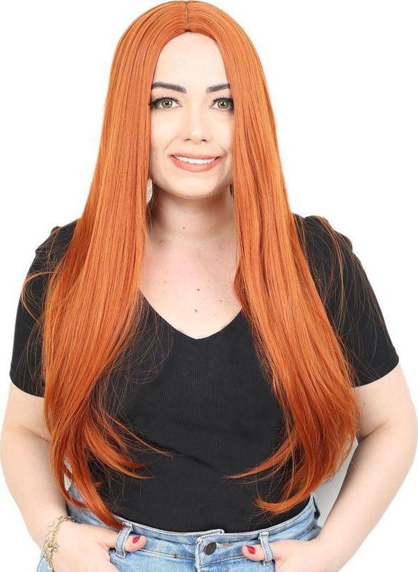  Fiber Sentetik Uzun Düz Peruk - Bakır - Image 1