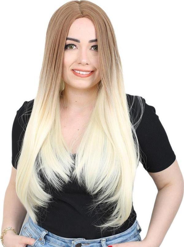  Fiber Sentetik Uzun Düz Peruk - Balköpüğü / Platin Ombreli - Image 1