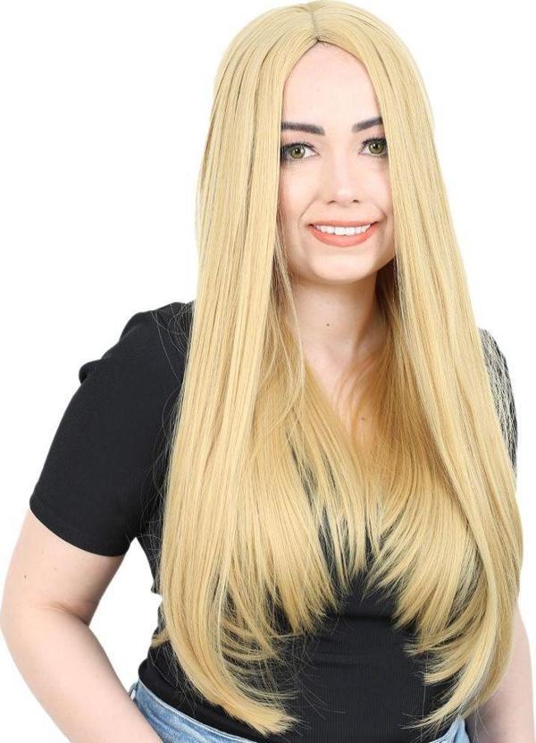  Fiber Sentetik Uzun Düz Peruk - Sarı - Image 1