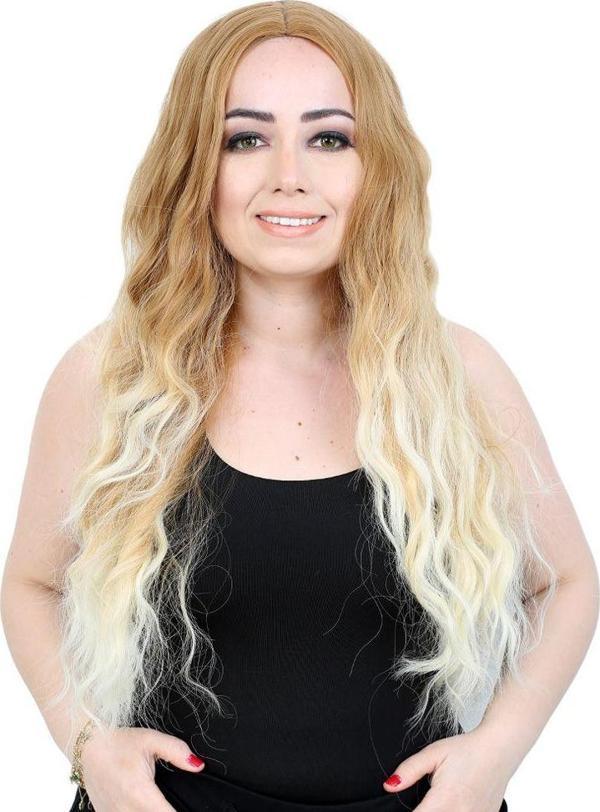  Fiber Sentetik Uzun Su Dalgası Peruk - Balköpüğü / Platin Kısa Ombreli - Image 1